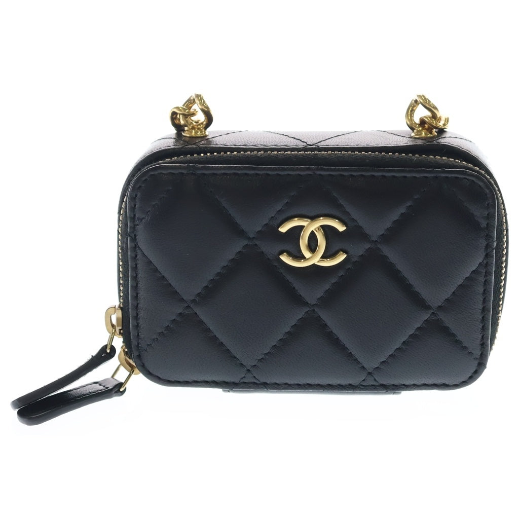 CHANEL(シャネル) マトラッセ パールチェーン ラムスキン レザー ショルダー ウォレット ミニバッグ ゴールド金具 ブラック シール レディース