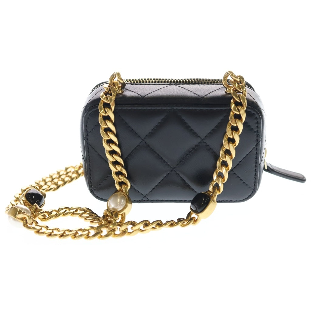 CHANEL(シャネル) マトラッセ パールチェーン ラムスキン レザー ショルダー ウォレット ミニバッグ ゴールド金具 ブラック シール レディース