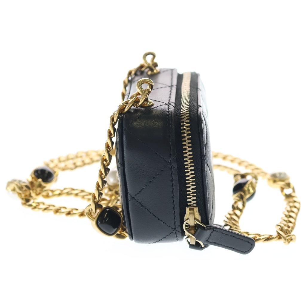 CHANEL(シャネル) マトラッセ パールチェーン ラムスキン レザー ショルダー ウォレット ミニバッグ ゴールド金具 ブラック シール レディース