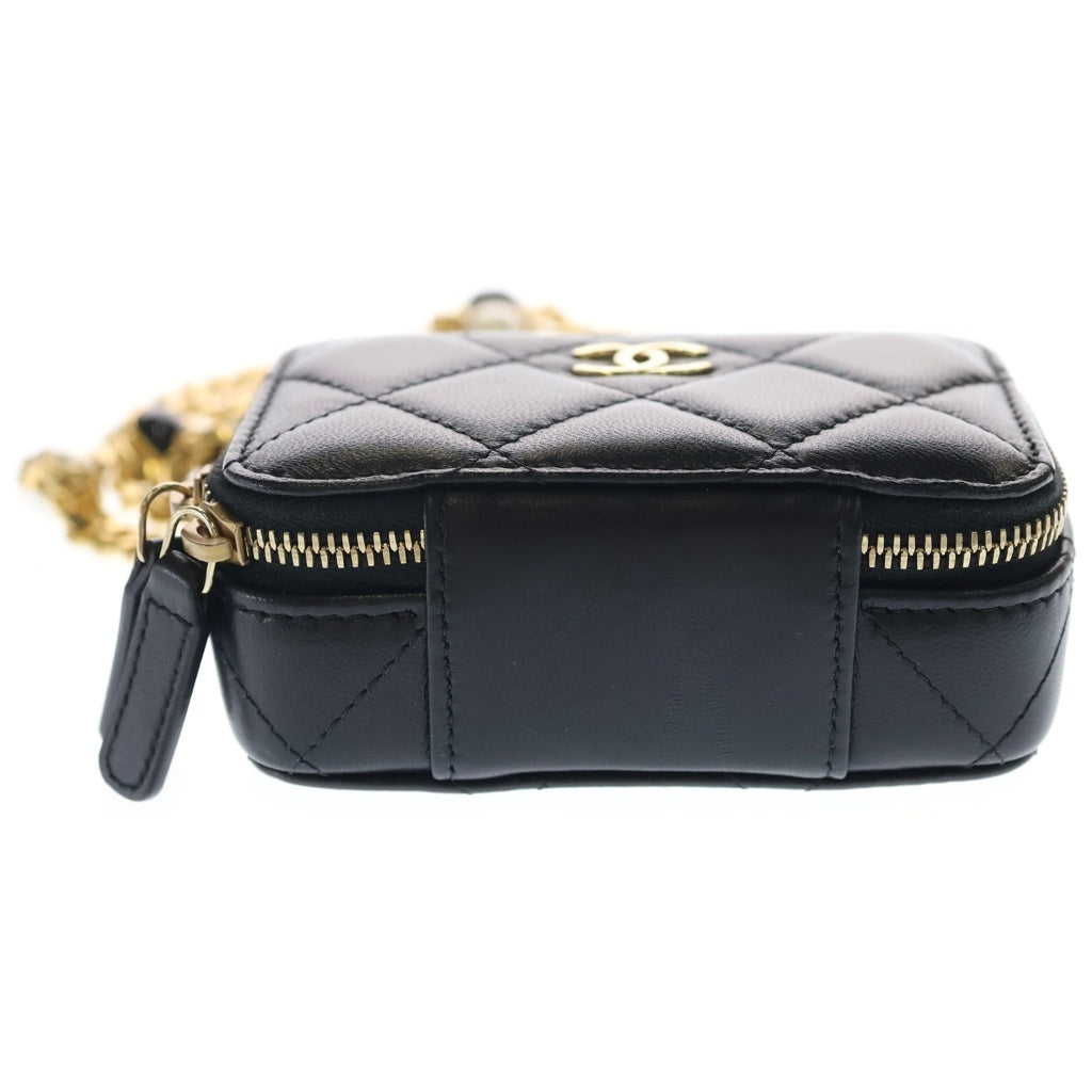 CHANEL(シャネル) マトラッセ パールチェーン ラムスキン レザー ショルダー ウォレット ミニバッグ ゴールド金具 ブラック シール レディース