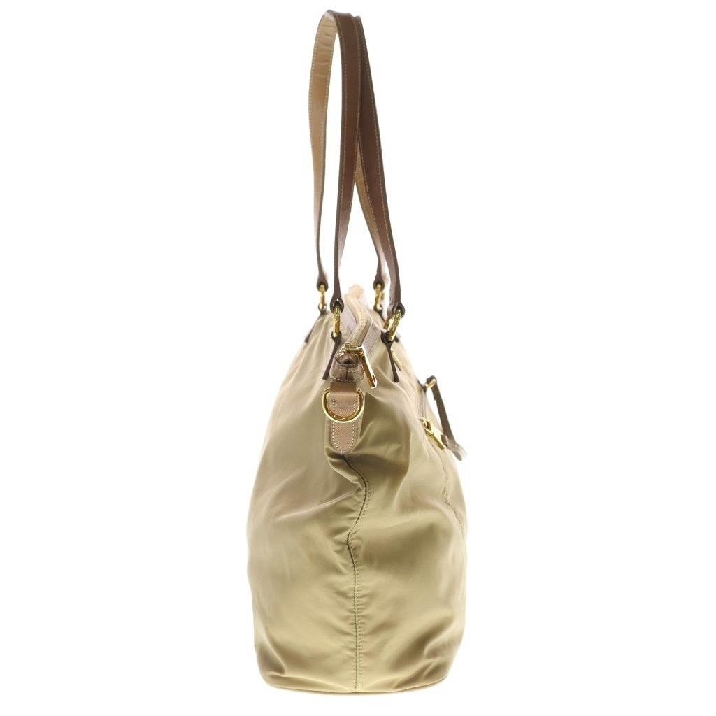 PRADA(プラダ) トライアングルロゴプレート ナイロン レザー 2WAY ハンド ショルダーバッグ ゴールド金具 ベージュ/ブラウン レディース