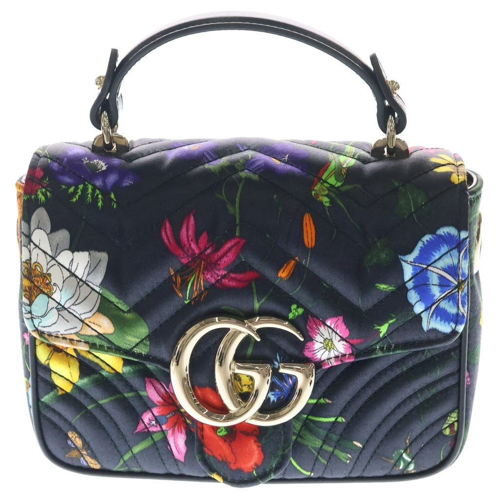 GUCCI(グッチ) GGマーモント ミニ トップハンドル 花柄 フローラル柄 サテン 2WAYショルダーバッグ ハンドバッグ 811238 黒/マルチカラー レディース
