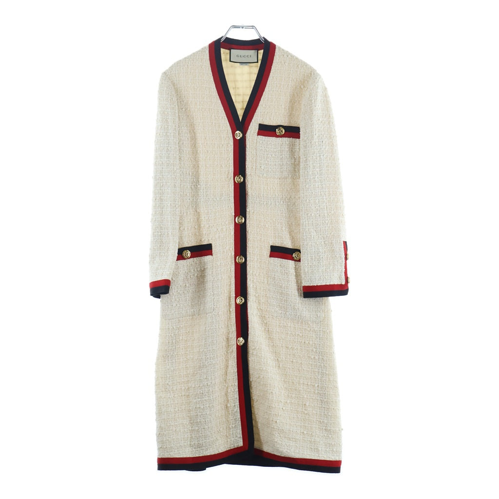 GUCCI(グッチ) GGボタン ウェブライン Vネック ツイード ロング ワンピース #38 オフホワイト 551562 レディース