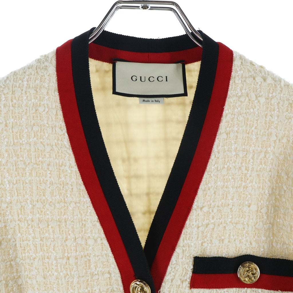 GUCCI(グッチ) GGボタン ウェブライン Vネック ツイード ロング ワンピース #38 オフホワイト 551562 レディース