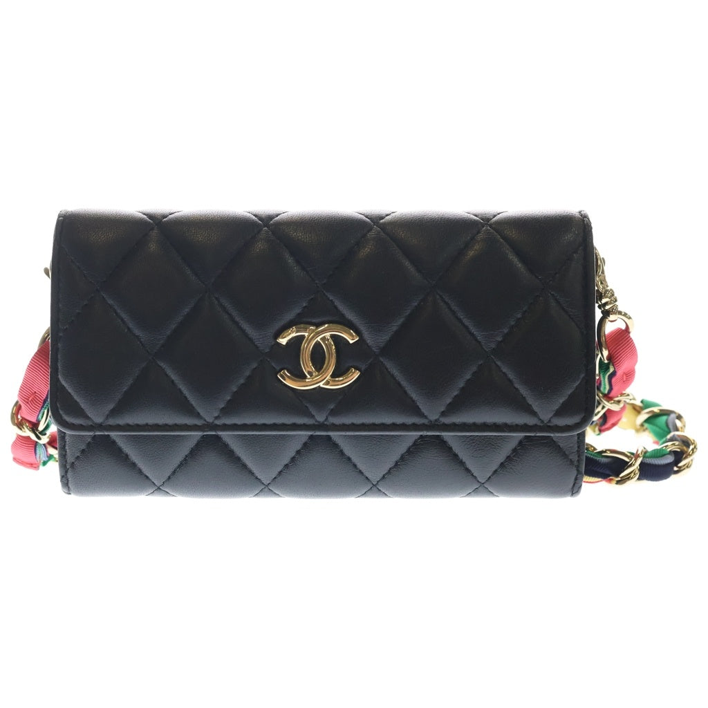 CHANEL(シャネル) マトラッセ チェーンウォレット ラムスキン レザー ショルダー ミニ バッグ ブラック/マルチカラー ゴールド金具 30番台 レディース