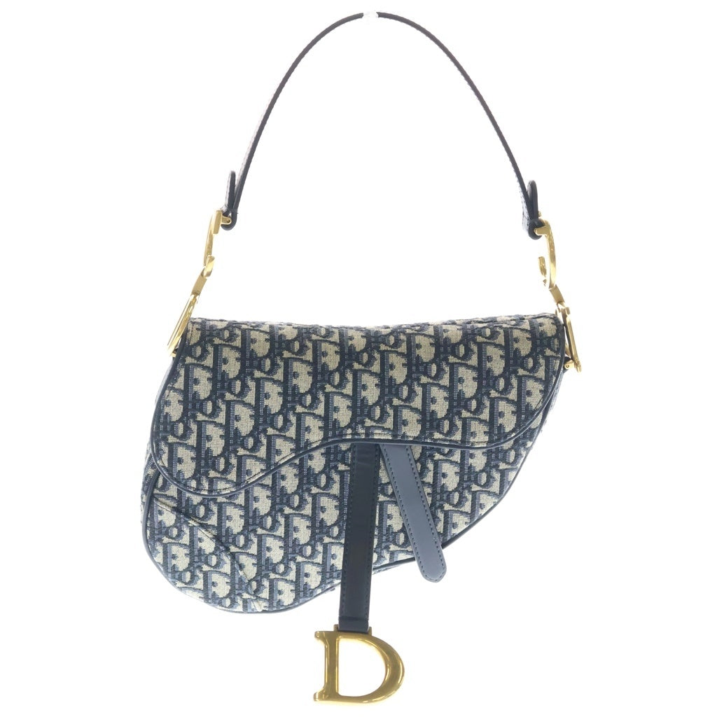 Christian Dior(クリスチャンディオール) オブリーク サドルバッグ キャンバス ゴールド金具 2WAY ミニ ショルダーバッグ ネイビー レディース