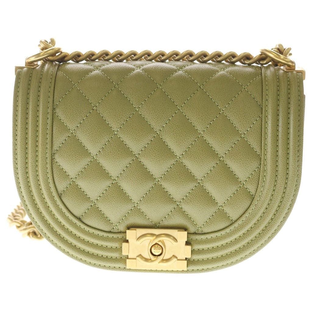 CHANEL(シャネル) ボーイシャネル マトラッセ キャビアスキン ゴールド金具 チェーン ショルダーバッグ プレート AS3350 カーキ レディース