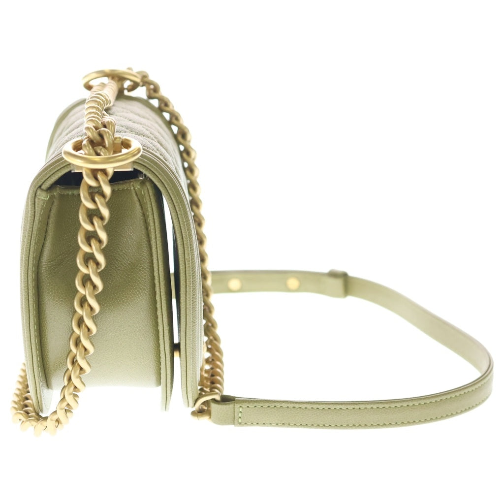 CHANEL(シャネル) ボーイシャネル マトラッセ キャビアスキン ゴールド金具 チェーン ショルダーバッグ プレート AS3350 カーキ レディース