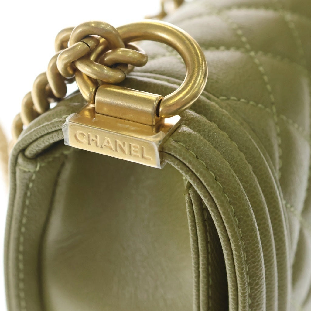 CHANEL(シャネル) ボーイシャネル マトラッセ キャビアスキン ゴールド金具 チェーン ショルダーバッグ プレート AS3350 カーキ レディース