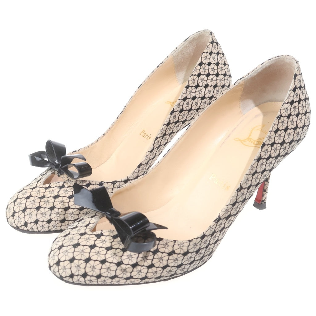 CHRISTIAN LOUBOUTIN(クリスチャンルブタン) ピンヒール 総柄 パンプス ハイヒール リボン ベージュ/ブラック レディース