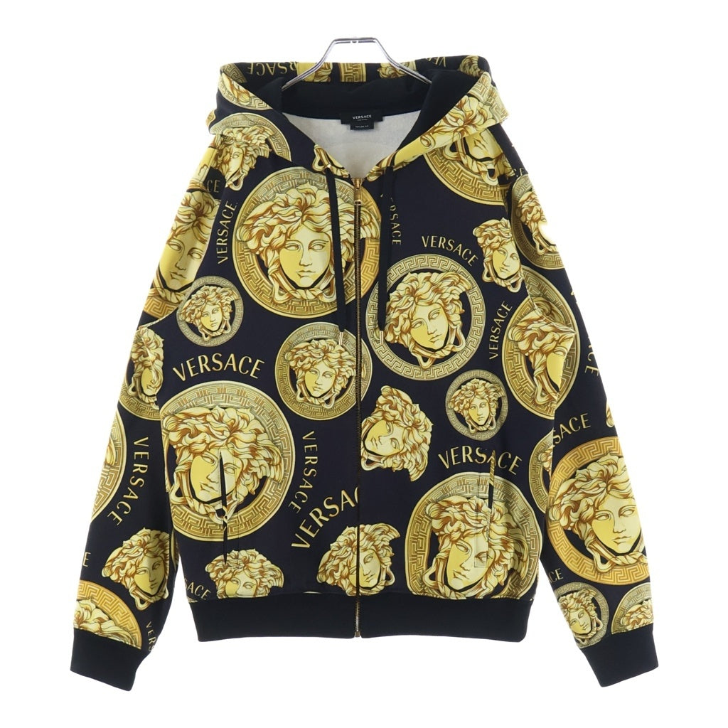 VERSACE(ヴェルサーチ) 総柄ジップパーカー フーディー ブラック×イエロー #XL A88742