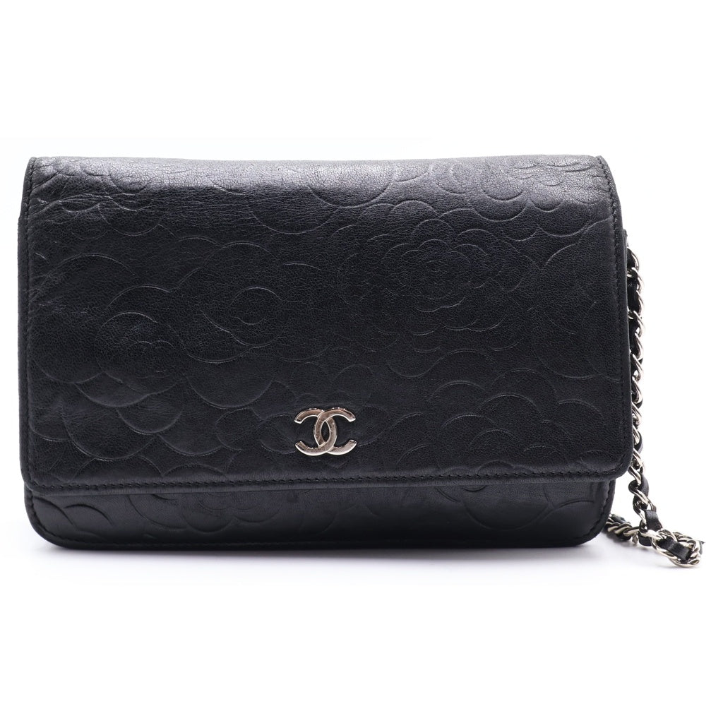 CHANEL(シャネル) ココマーク カメリア ラムスキン シルバー金具 チェーンウォレット チェーンショルダーバッグ ブラック レディース