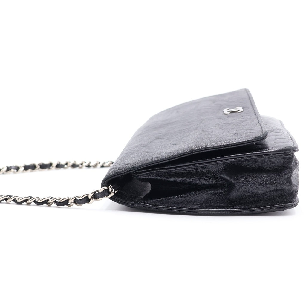 CHANEL(シャネル) ココマーク カメリア ラムスキン シルバー金具 チェーンウォレット チェーンショルダーバッグ ブラック レディース