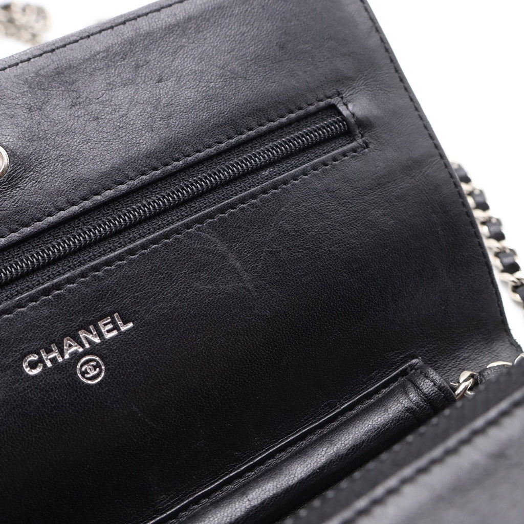 CHANEL(シャネル) ココマーク カメリア ラムスキン シルバー金具 チェーンウォレット チェーンショルダーバッグ ブラック レディース
