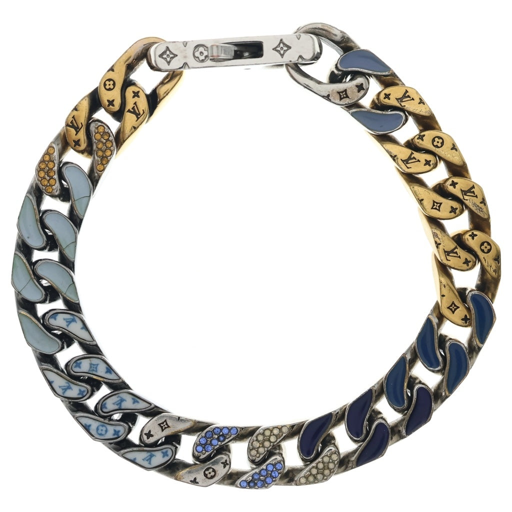 LOUIS VUITTON(ルイヴィトン) モノグラム コリエ チェーンリンクス パッチーズ ストラス ラインストーン メタル チェーンブレスレット #L シルバー/ゴールド/ブルー MP2777 レディース