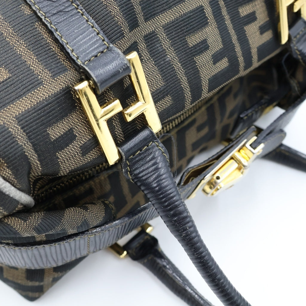 FENDI(フェンディ) ズッカ ミニボストンバッグ ハンドバッグ ブラウン×ブラック レザー×キャンバス ゴールド金具 レディース