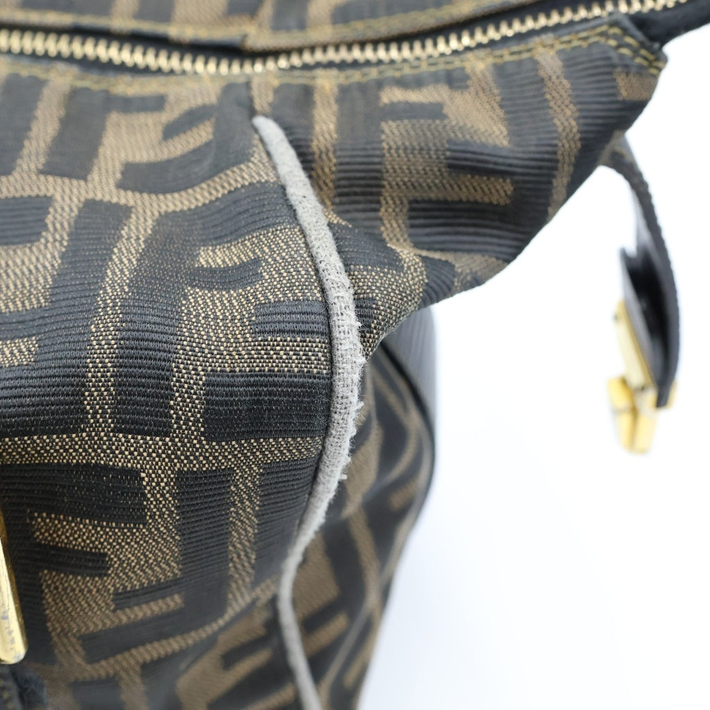 FENDI(フェンディ) ズッカ ミニボストンバッグ ハンドバッグ ブラウン×ブラック レザー×キャンバス ゴールド金具 レディース