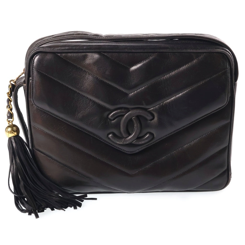 CHANEL(シャネル) Vステッチ フリンジ ショルダーバッグ ブラック ラムスキン ゴールド金具 レディース