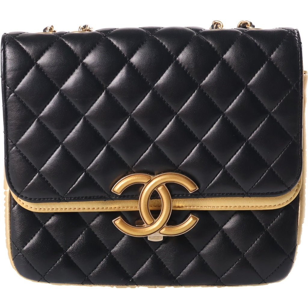 CHANEL(シャネル) ココマーク マトラッセ チェーン ショルダーバッグ ブラック×ゴールド ラムスキン レディース