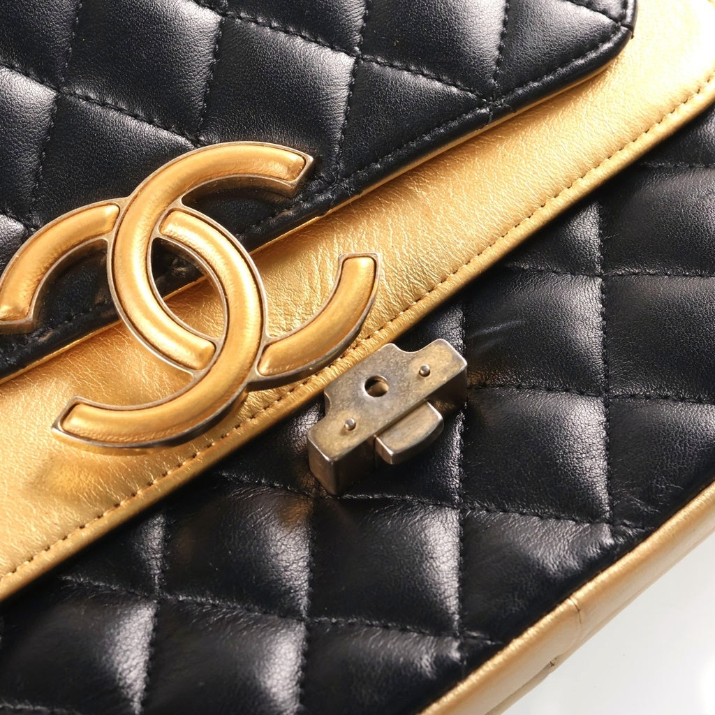 CHANEL(シャネル) ココマーク マトラッセ チェーン ショルダーバッグ ブラック×ゴールド ラムスキン レディース