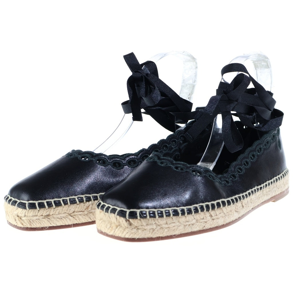 HERMES(エルメス) エスパドリュー レース フラットシューズ レザーパンプス ブラック #37 レディース