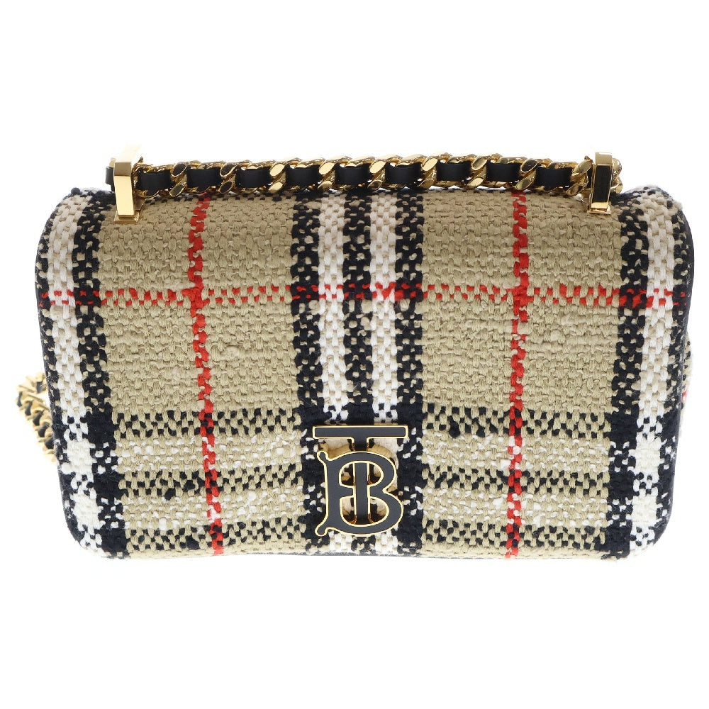 BURBERRY(バーバリー) チェック ツイード チェーンショルダーバッグ ブラウン ウール キャンバス 斜め掛けバッグ ベージュ ゴールド金具