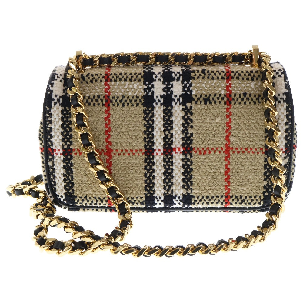 BURBERRY(バーバリー) チェック ツイード チェーンショルダーバッグ ブラウン ウール キャンバス 斜め掛けバッグ ベージュ ゴールド金具
