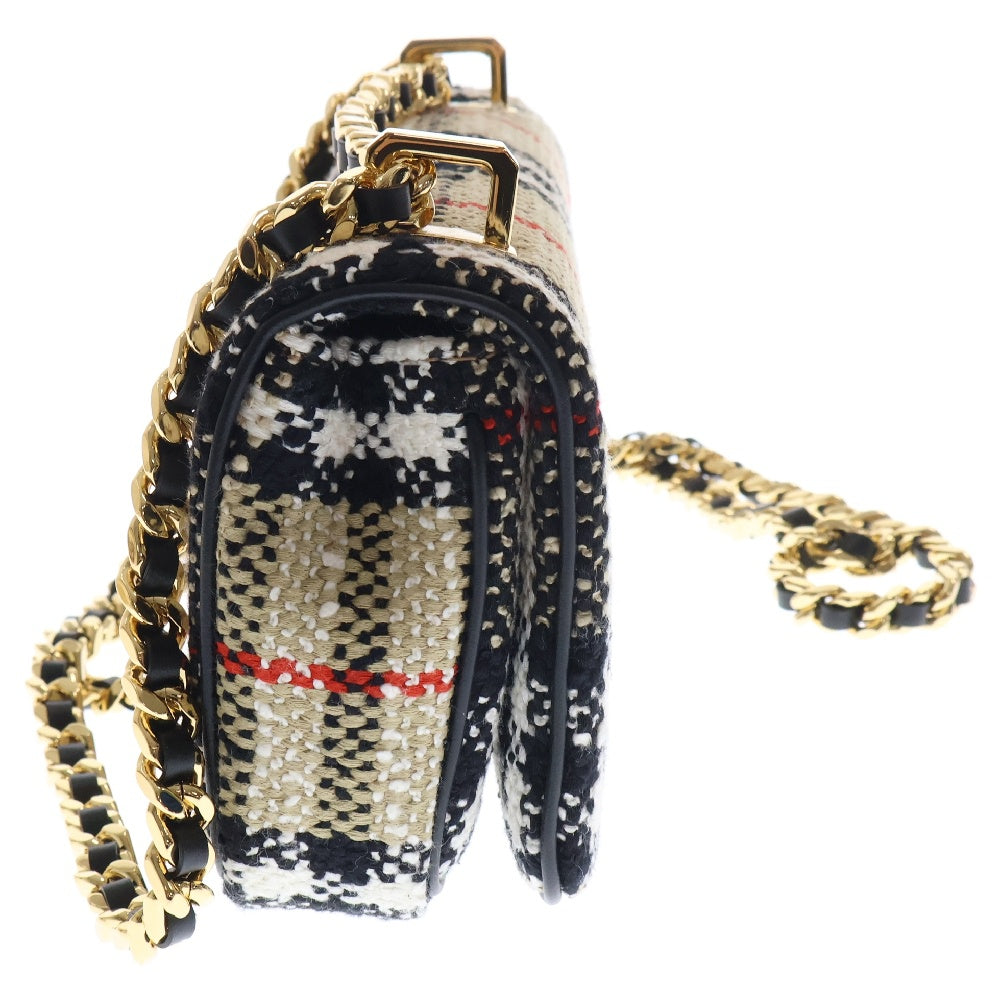 BURBERRY(バーバリー) チェック ツイード チェーンショルダーバッグ ブラウン ウール キャンバス 斜め掛けバッグ ベージュ ゴールド金具