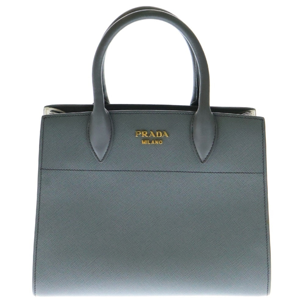 PRADA(プラダ) ビブリオテークバッグ 2wayハンドバッグ グレー×ホワイト サフィアーノレザー ハンドバッグ 1BA050