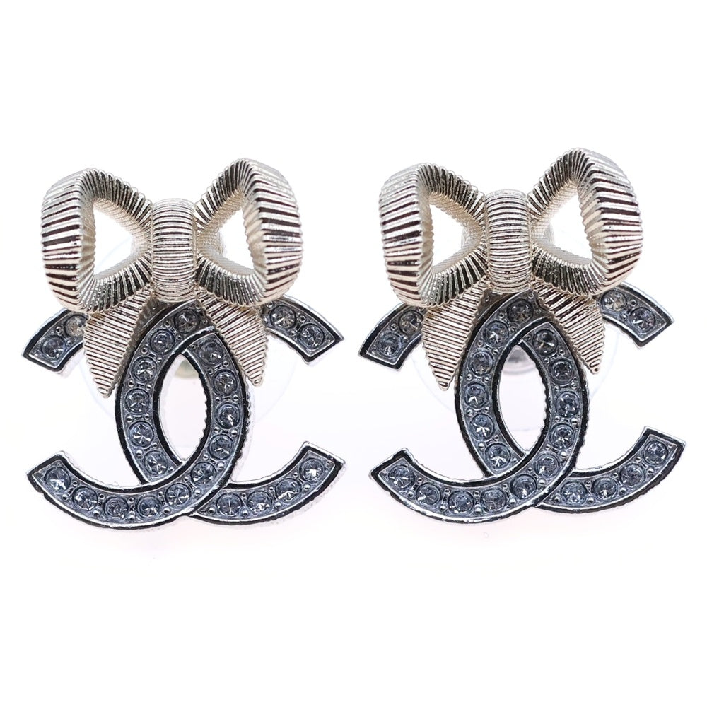 CHANEL(シャネル) ココマーク リボンモチーフ ピアス ストラス ラインストーン ゴールド×シルバー B24K