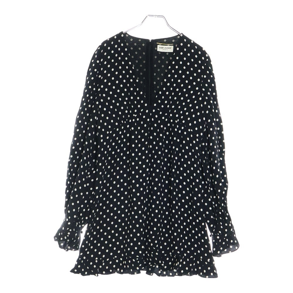 SAINT LAURENT PARIS(サンローランパリ) 21SS ドット総柄 レーヨン Vネック ミディアムワンピース ブラック レディース 682087