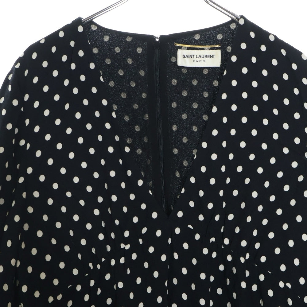SAINT LAURENT PARIS(サンローランパリ) 21SS ドット総柄 レーヨン Vネック ミディアムワンピース ブラック レディース 682087