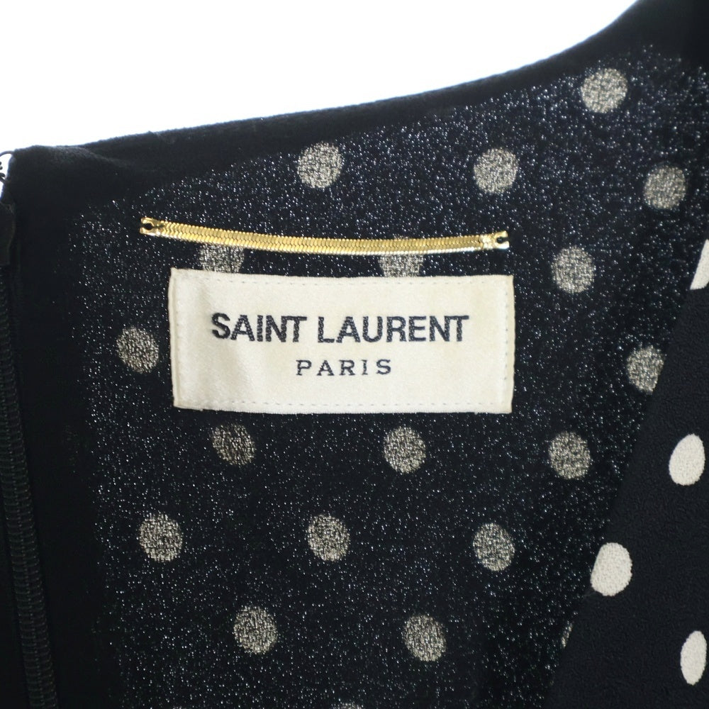 SAINT LAURENT PARIS(サンローランパリ) 21SS ドット総柄 レーヨン Vネック ミディアムワンピース ブラック レディース 682087