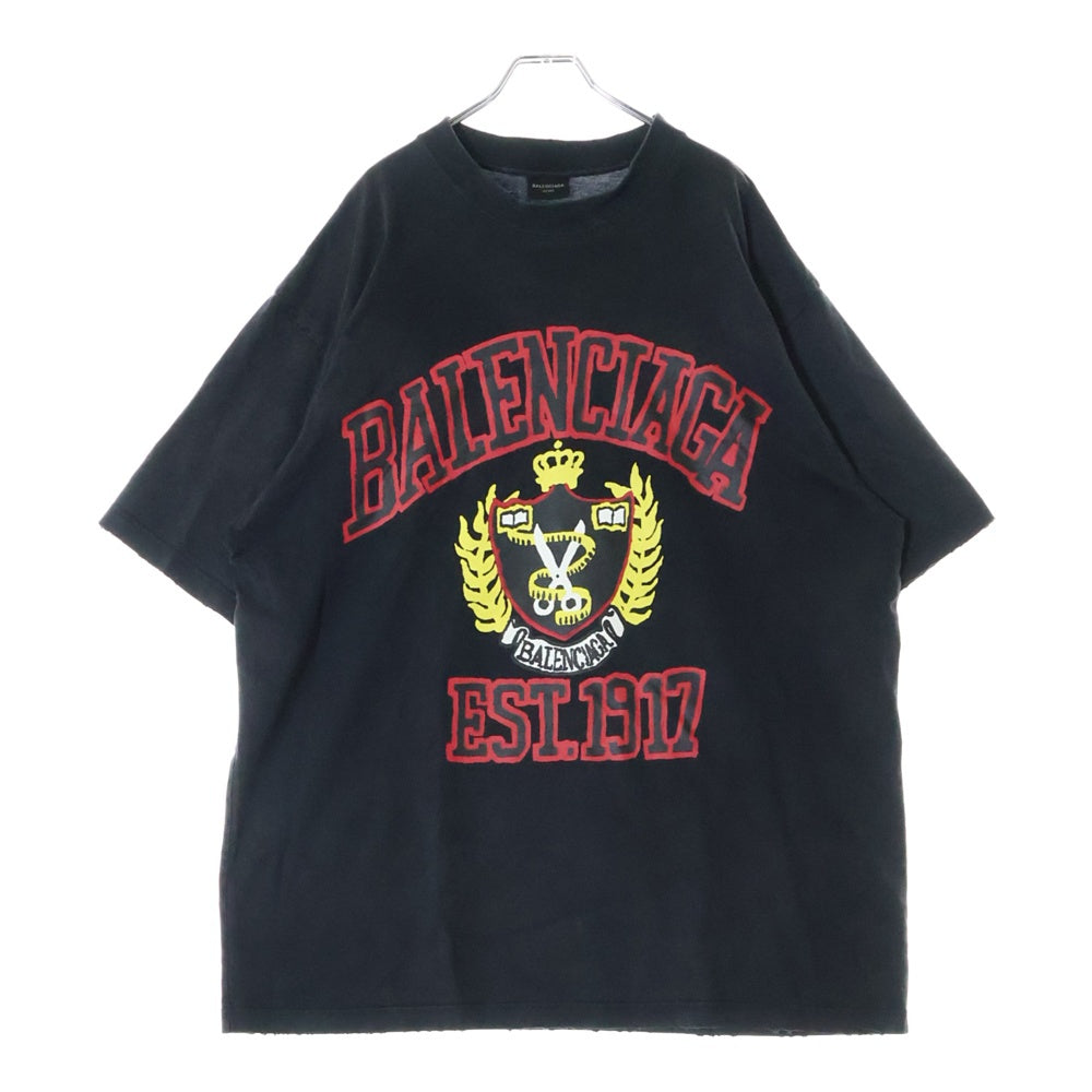 BALENCIAGA(バレンシアガ) 23SS ダメージ加工 カレッジロゴプリント 半袖Tシャツ カットソー ブラック 739784