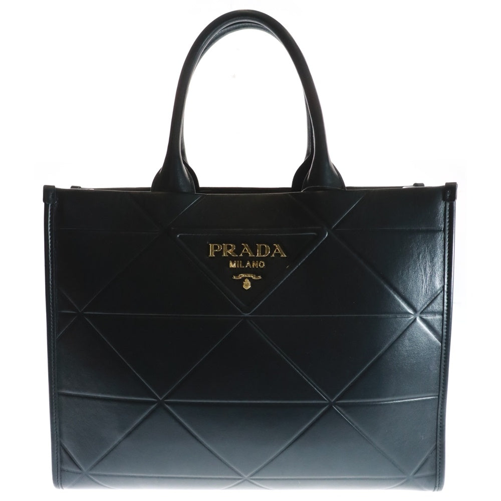 PRADA(プラダ) シンボル トップステッチ ロゴプレート ミディアム カーフレザー ハンド トートバッグ ゴールド金具 ブラック 1BA396