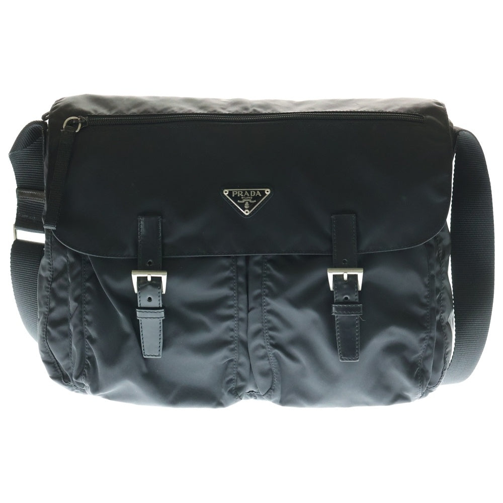 PRADA(プラダ) VELA トライアングルロゴ レザー切替ナイロンショルダーバッグ ブラック BT8994
