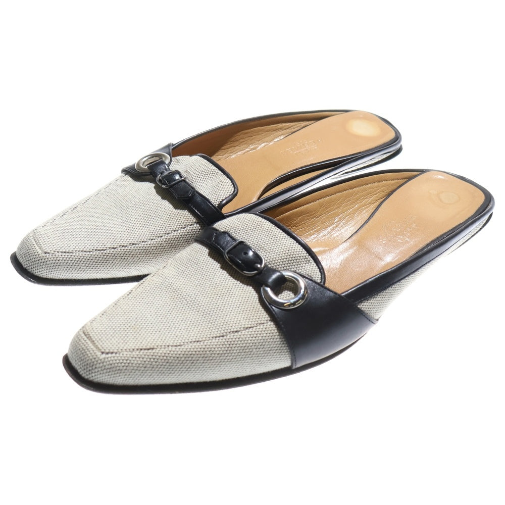 HERMES(エルメス) レザー ベルト アイレット キャンバス フラットシューズ ミュール パンプス シルバー金具 ブラック/ベージュ レディース
