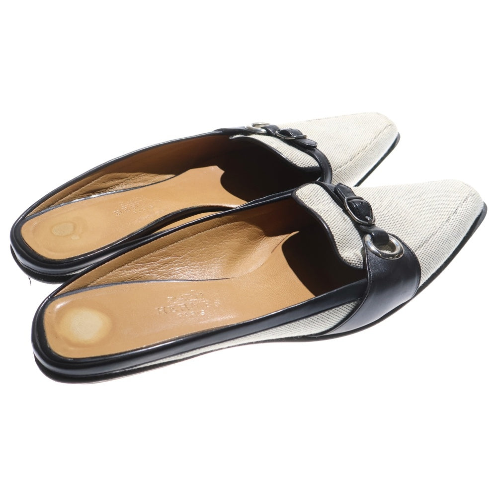 HERMES(エルメス) レザー ベルト アイレット キャンバス フラットシューズ ミュール パンプス シルバー金具 ブラック/ベージュ レディース