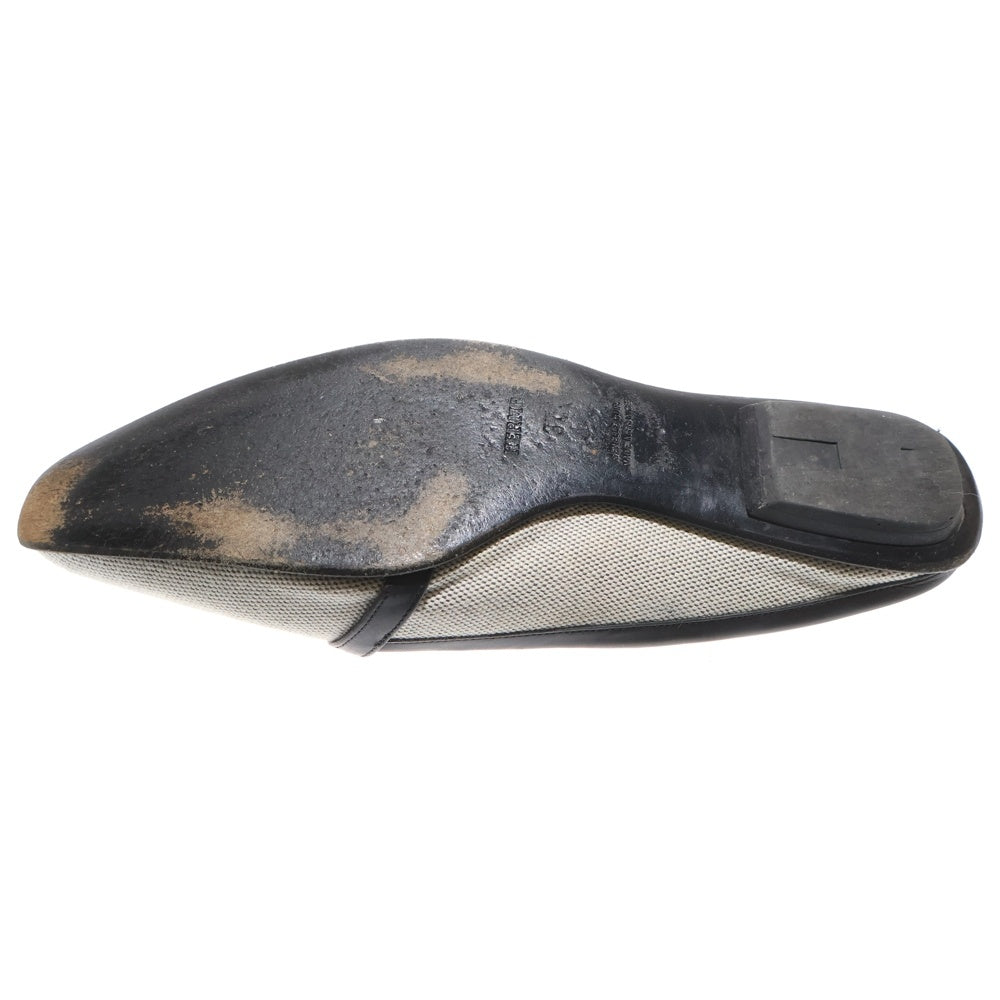 HERMES(エルメス) レザー ベルト アイレット キャンバス フラットシューズ ミュール パンプス シルバー金具 ブラック/ベージュ レディース