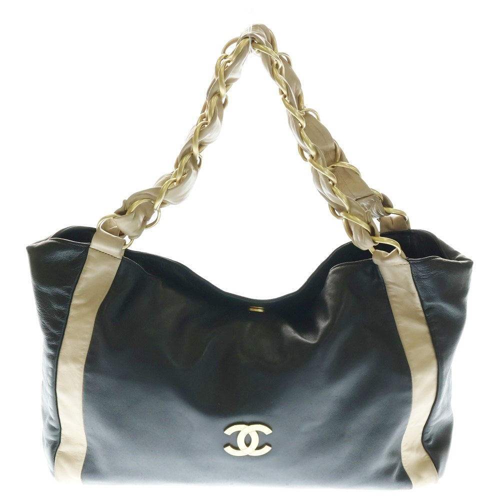 CHANEL(シャネル) ココマーク ビッグチェーン ハンドバッグ チェーンバッグ ブラック×ベージュ ラムスキン ゴールド金具
