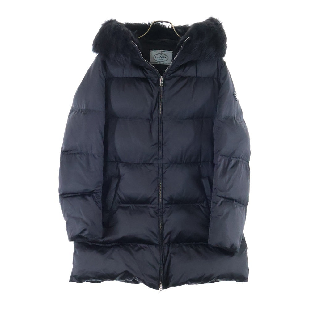 PRADA(プラダ) 20AW トライアングルロゴプレート ファー フーデッド ナイロン ジップアップ ダウン ロング ジャケット コート ブラック レディース 29P117