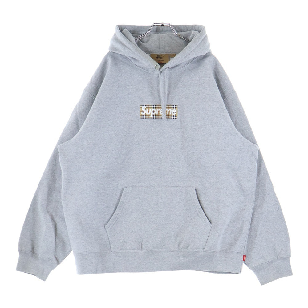 SUPREME(シュプリーム) 22SS ×BURBERRY Box Logo Hooded Sweatshirts バーバリー ノバチェック柄ボックスロゴプリント プルオーバースウェットパーカー フーディー グレー