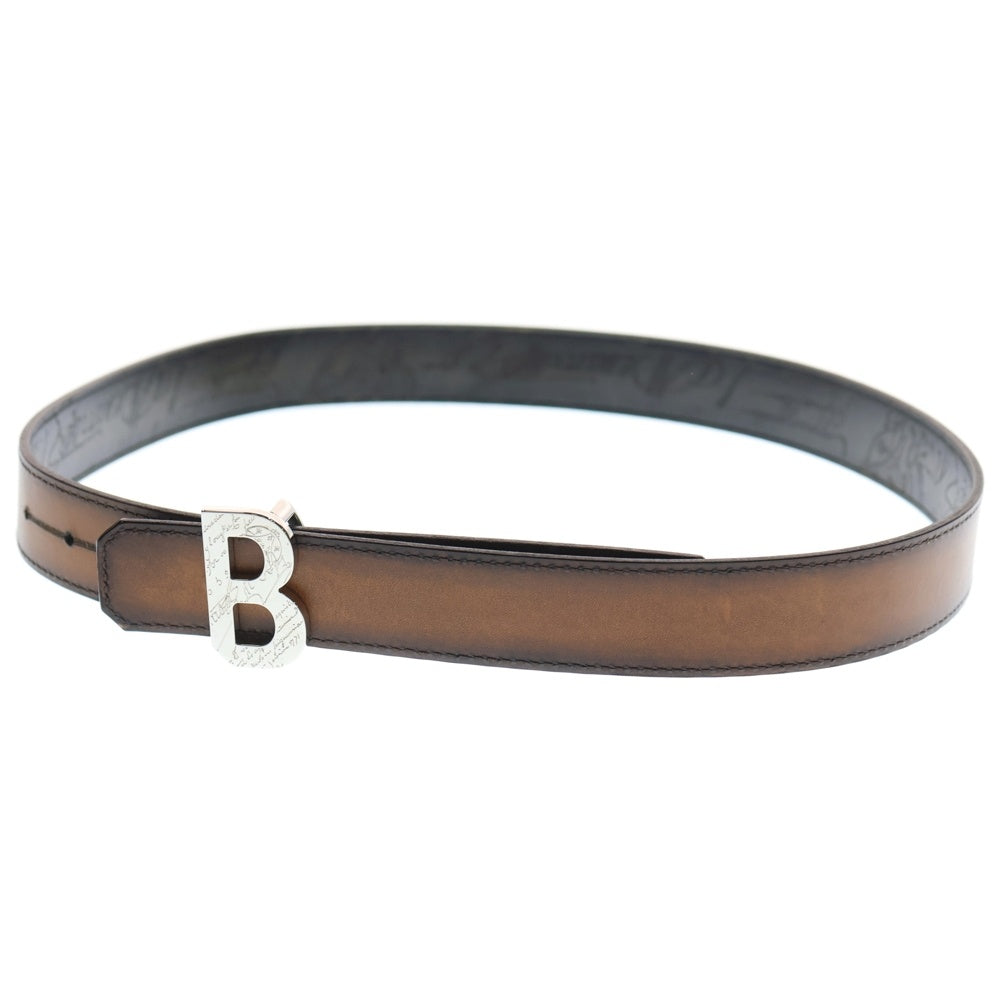 Berluti(ベルルッティ) カリグラフィー Bバックル グレー×ブラウン レザー #85 N0199 シルバー金具 レディース