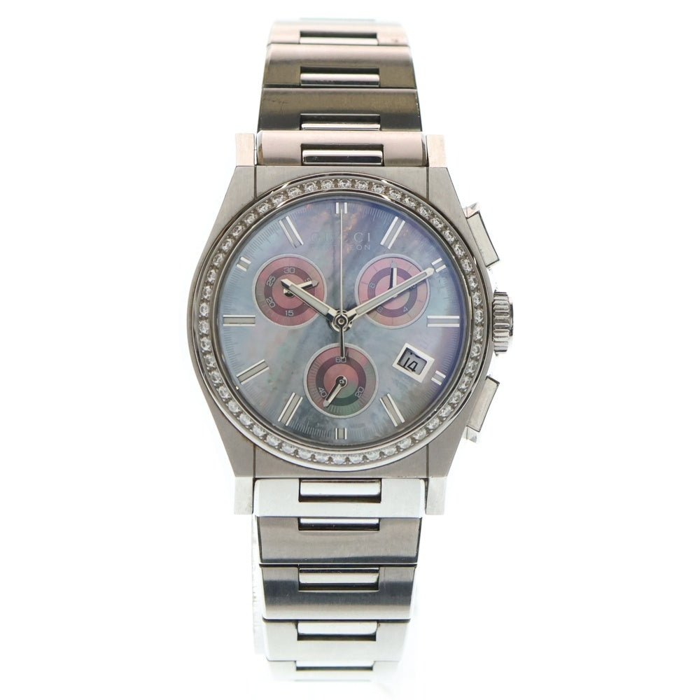 GUCCI(グッチ) パンテオン デイト クロノグラフ スモールセコンド グレーシェル文字盤 クォーツ ステンレスウォッチ 腕時計 シルバー SS/QZ 115.4 レディース