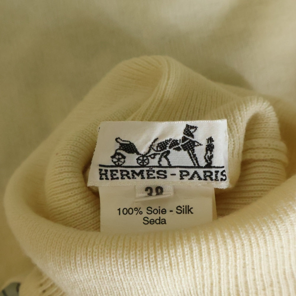 HERMES(エルメス) 馬車柄プリント シルク切り替え タートルネック 長袖ニット セーター アイボリー レディース