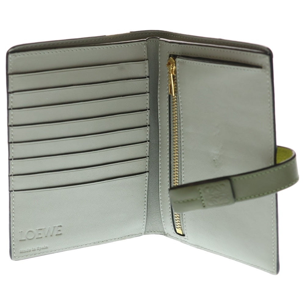LOEWE(ロエベ) ヴァーティカルウォレット コンパクトウォレット 二つ折り財布 コインケース グリーン×カーキ レザー ゴールド金具 レディース