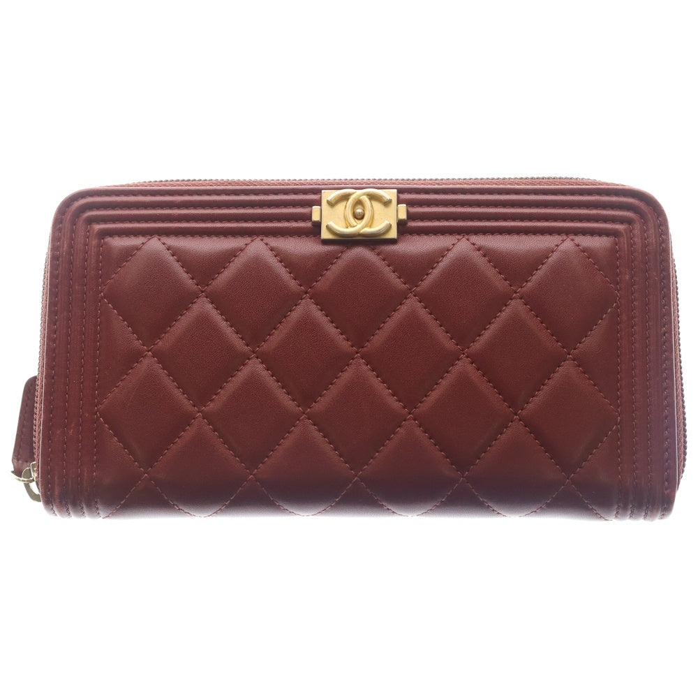 CHANEL(シャネル) ボーイシャネル ロング ジップ ウォレット 長財布 カードケース レッド ラムスキン ゴールド金具 レディース