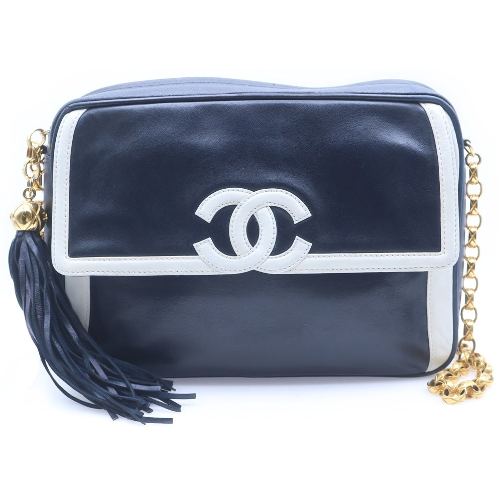 CHANEL(シャネル) ココマーク フリンジ チェーンショルダーバッグ ホワイト×ネイビー レザー ゴールド金具 レディース