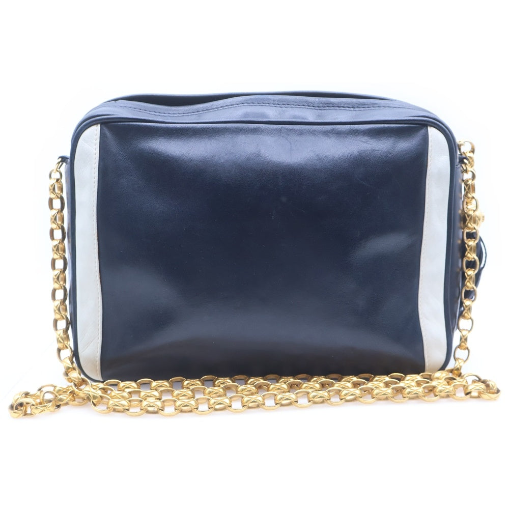 CHANEL(シャネル) ココマーク フリンジ チェーンショルダーバッグ ホワイト×ネイビー レザー ゴールド金具 レディース