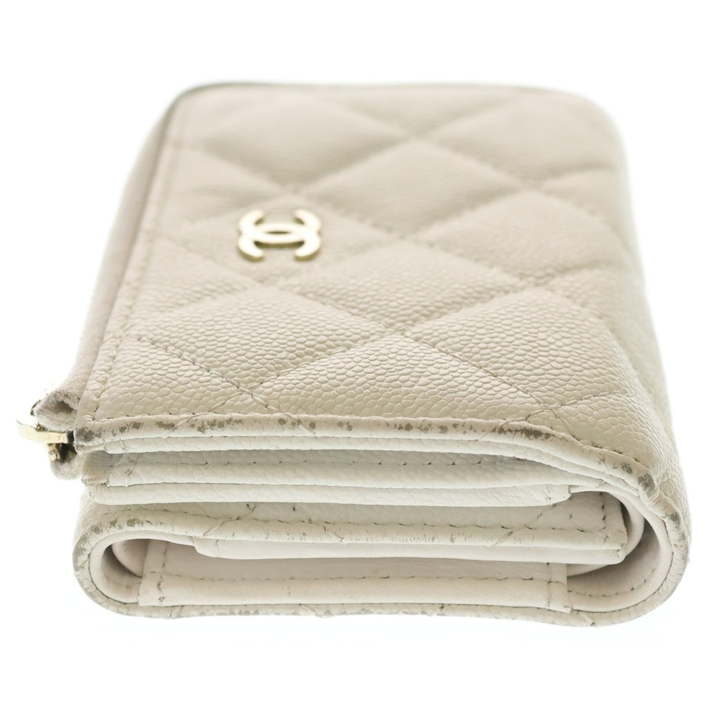 CHANEL(シャネル) ラウンドファスナー ミニ財布 ウォレット コインケース ホワイト キャビアスキン ゴールド金具 レディース